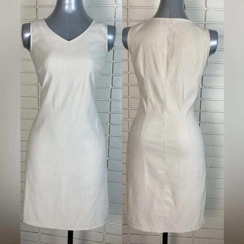 Cream beige solid clean girl v neck old money aesthetic bodycon midi dress sz 8